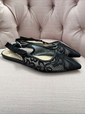 a new day Black Lace Pointed Slingback Flats with Bow
